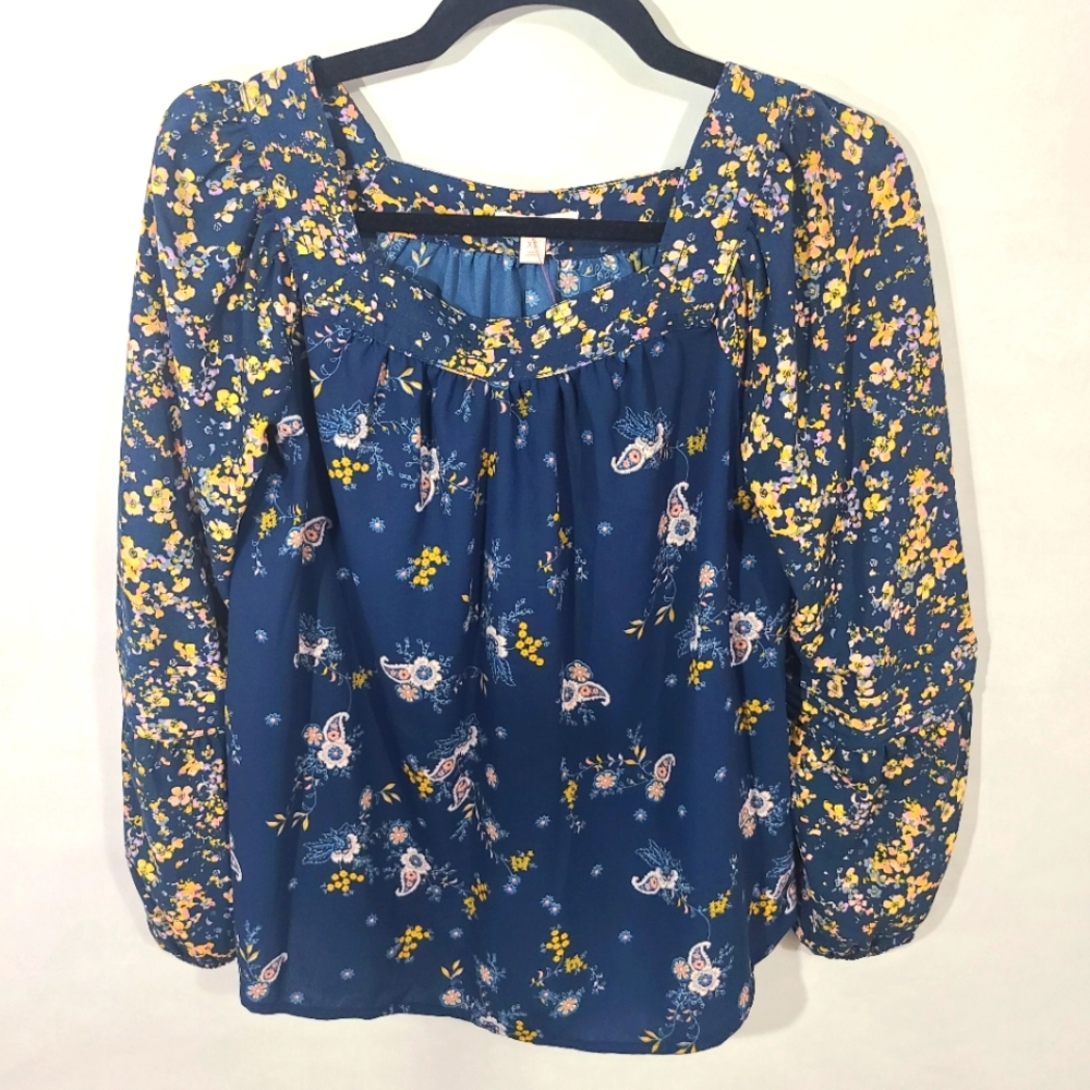 Lauren Conrad Size XS Women's Floral Blouse Shirt‎ Peasant Top Blue Yellow Pink